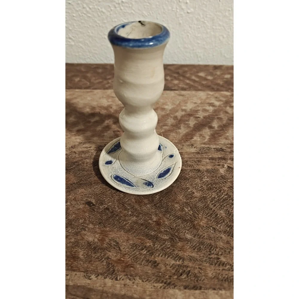 Williamsburg Pottery  Candlestick Holder Salt Glazed Cobalt Blue Leaf Gray
